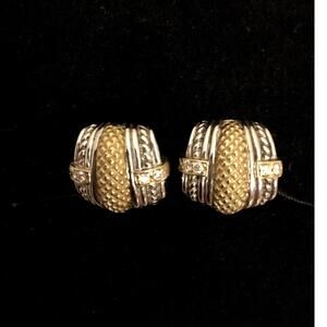Vintage Judith Ripka Sterling & 18K Gold Diamonds Omega Pierced Earrings
